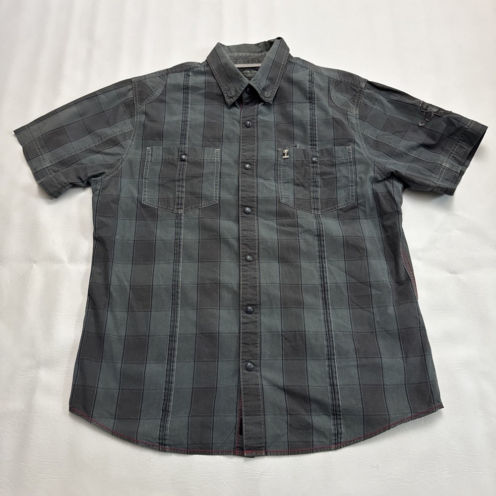 Harley Davidson 1 Shirt Mens XL Blue Plaid Black‎ Pearl Snap Short Sleeve
